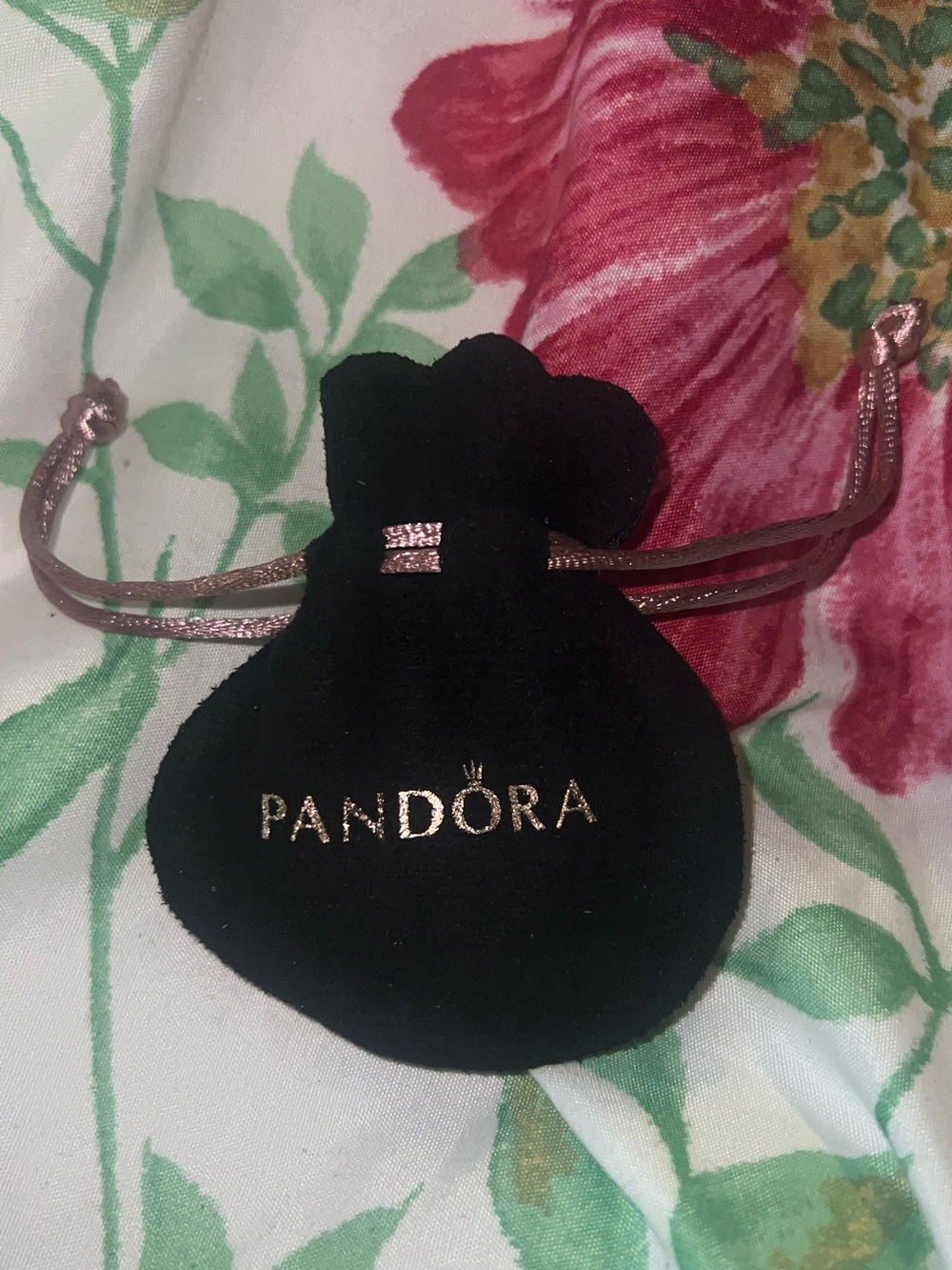 PANDORA Mini Black Velvet Pouch with Rose Gold Drawstring.